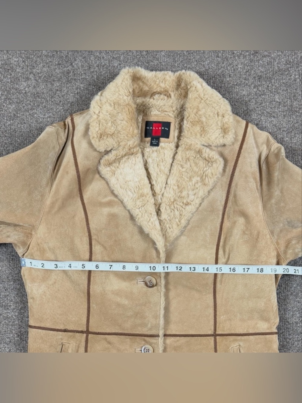 Gallery Suede Leather Button Front Jacket Womens L Faux Fur Trim Penny Lane Coat - Picture 9 of 9